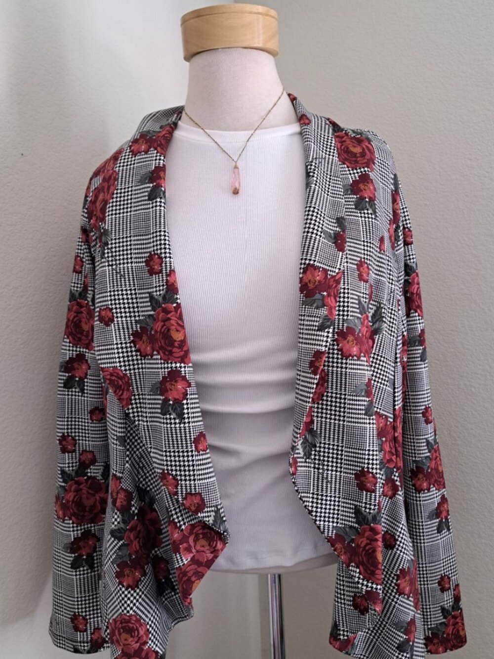 Torrid Black & White Plaid Blazer with Red Rose Motif